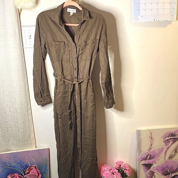 𝅺🌷 Bella Dahl🌷Soft Long Button Up Tie Waist Jumpsuit Romper Khaki Green - Picture 2 of 10